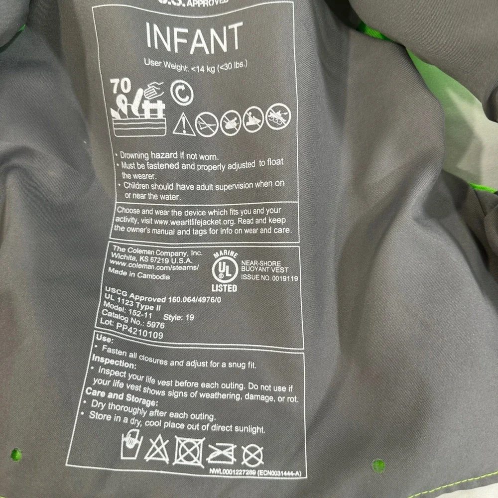 Stearns Infant Life Vest PFD Neon Green USCG Approved Under 30 lbs Boating Kids